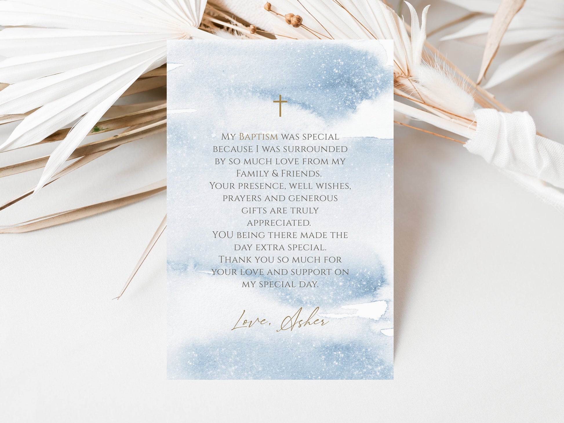 Editable Thank You Card Template, Baptism Thank You Cards, First Holy Communion Thank You Card, Printable Blue Watercolor Thank You Card 4x6