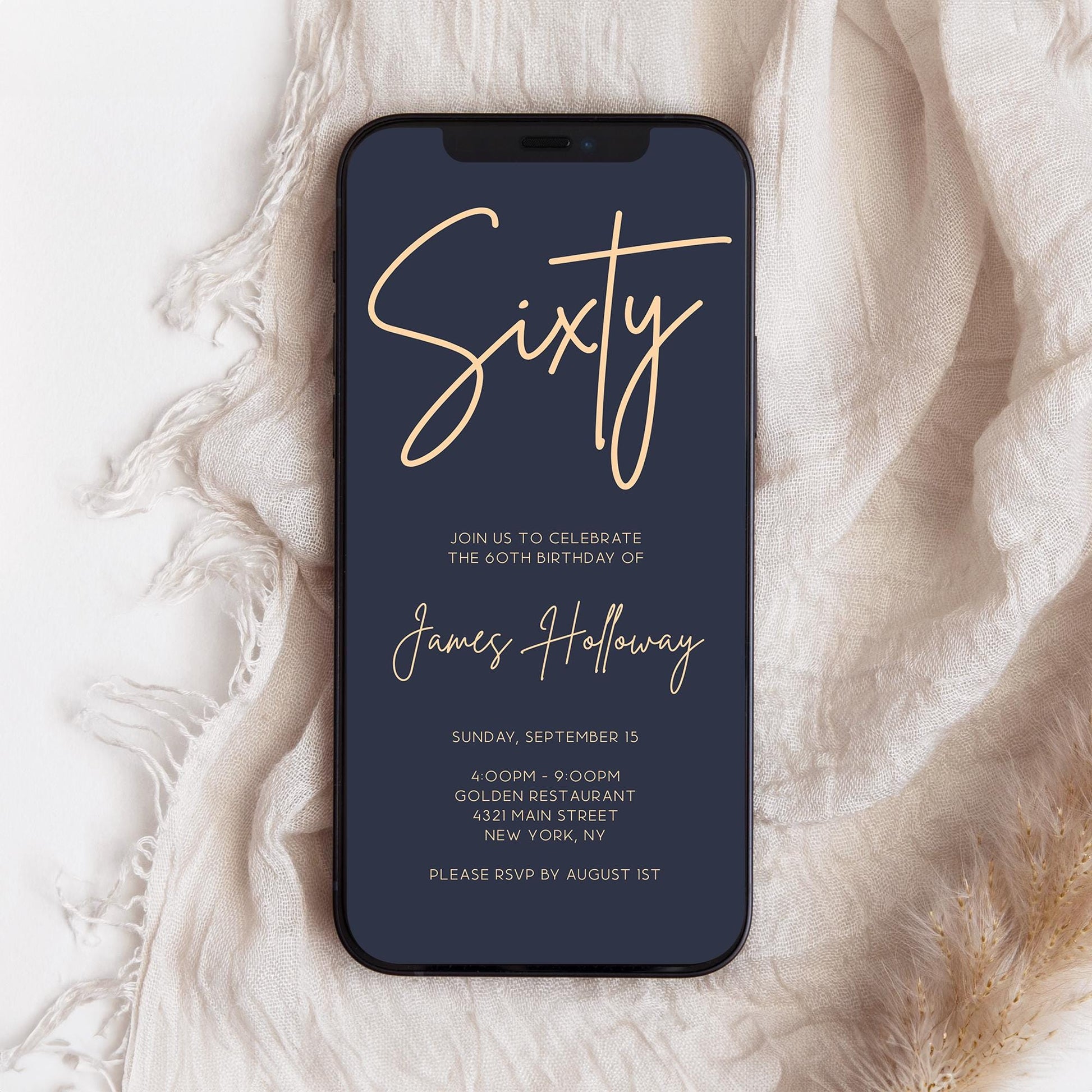 60th Birthday Navy and Gold Invitation | Digital Editable Evite for Men | Sixty Birthday Text Message Invite | Electronic Phone or Email Template