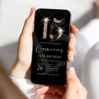 Luxury Digital 15th Fifteen Birthday Evite Invitation Template, Electronic Black Gold Modern Invite, Email Text Message Evite, Phone Invite