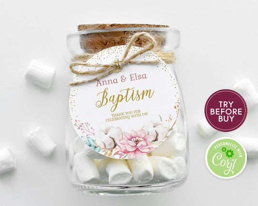 Floral Baptism Thank You Tag Template - Round First Communion Favor Tags - Printable Christening Tags for Girls - Pink Baptism Favor Tag - Instant Download