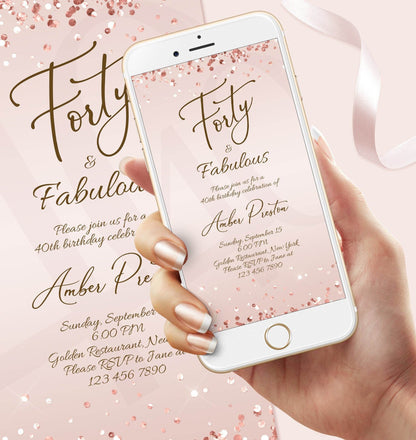Forty and Fabulous Dinner Party Invitation – Editable Rose Gold 40th Birthday Template for Her | Ladies Phone Evite | Custom Text Message Invite | Instant Download