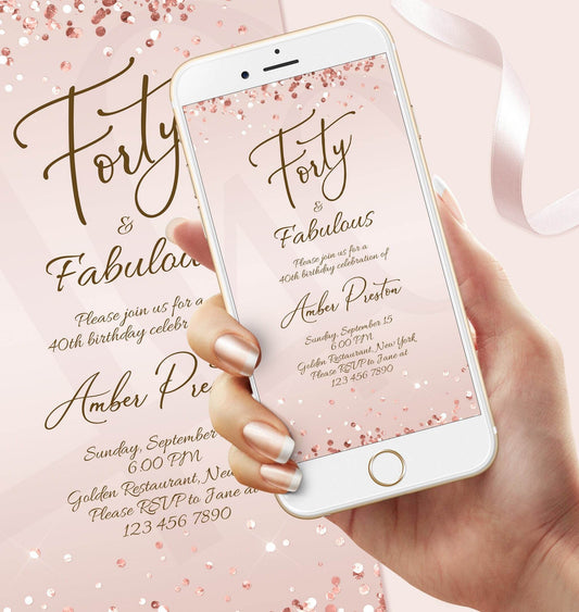 Forty and Fabulous Dinner Party Invitation – Editable Rose Gold 40th Birthday Template for Her | Ladies Phone Evite | Custom Text Message Invite | Instant Download - MagicalEventCo
