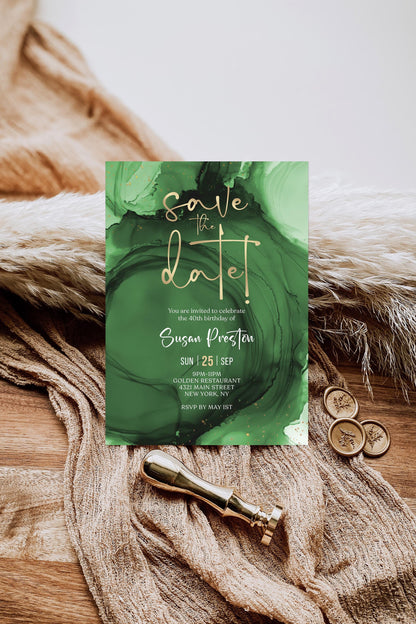 Green Emerald Gold Save the Date Invitation Template, Printable Birthday Party Announcement Cards, Editable Modern Invite, Digital Download