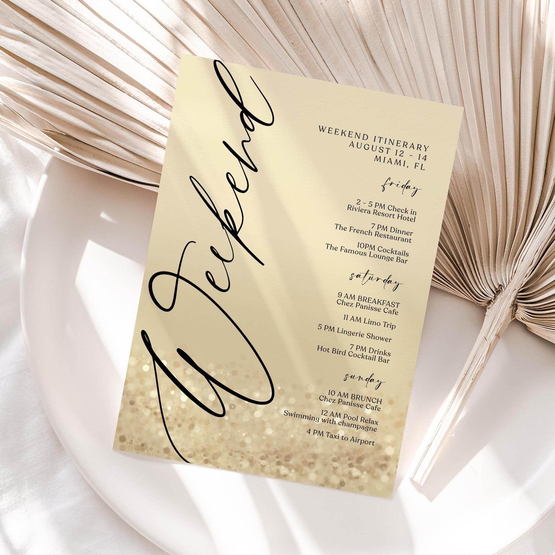 Weekend Itinerary Template – Editable Gold Birthday or Bachelorette Weekend Schedule | Printable Hen Party Itinerary | Text Message Digital Download