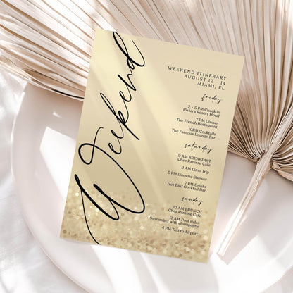 Weekend Itinerary Template – Editable Gold Birthday or Bachelorette Weekend Schedule | Printable Hen Party Itinerary | Text Message Digital Download