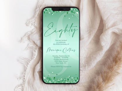 Digital Mint Green 80th Birthday Invitation Template, Editable Electronic Birthday Evite, Mint Foil Confetti Text Message Invite, Instant Download