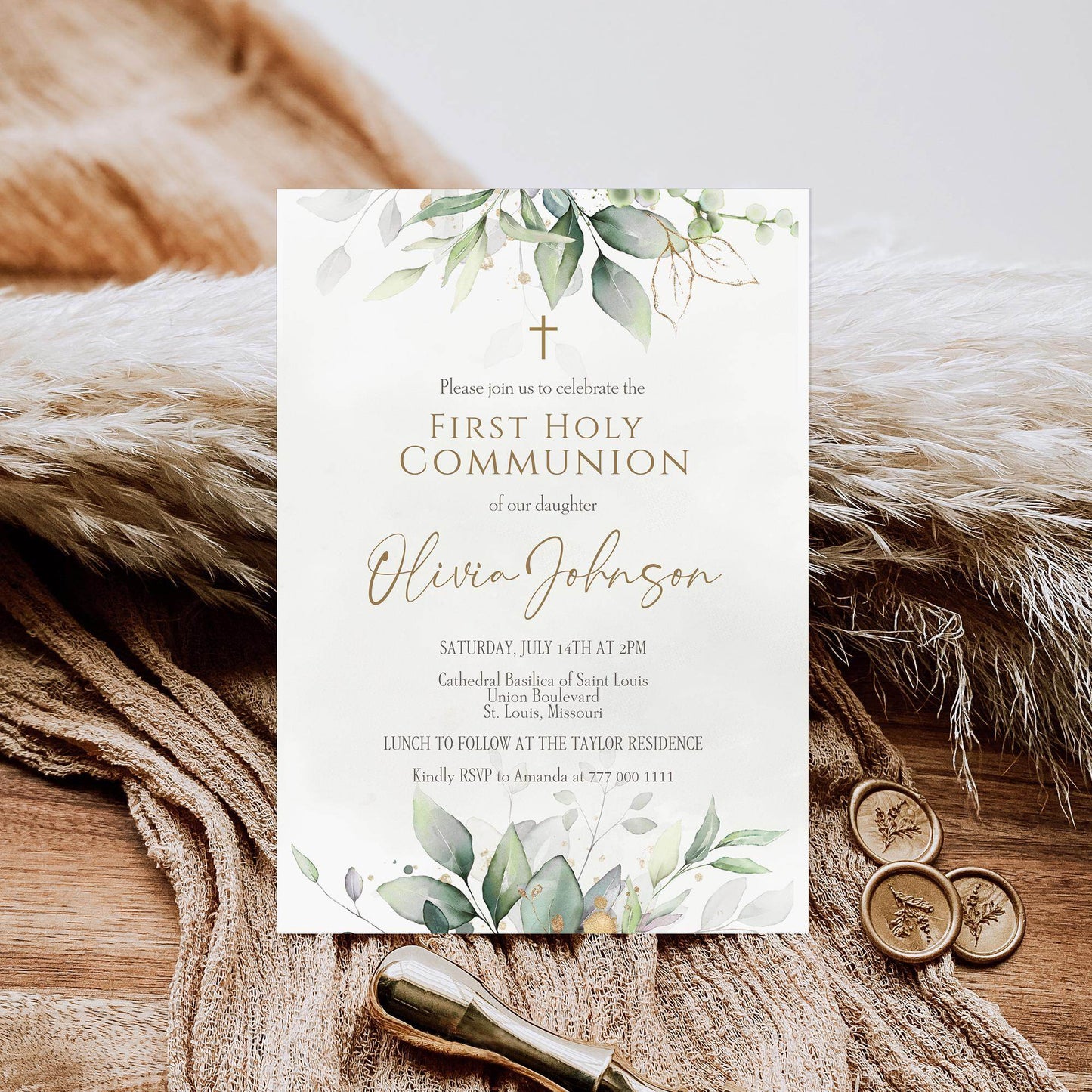 First Communion Invitation Template Printable, Greenery Watercolor Holy Communion Card, Editable Boy Girl Invite, Instant Download