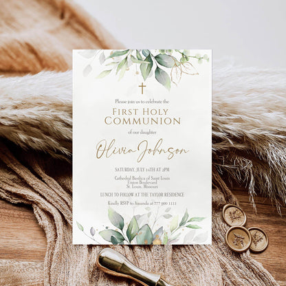 First Communion Invitation Template Printable, Greenery Watercolor Holy Communion Card, Editable Boy Girl Invite, Instant Download