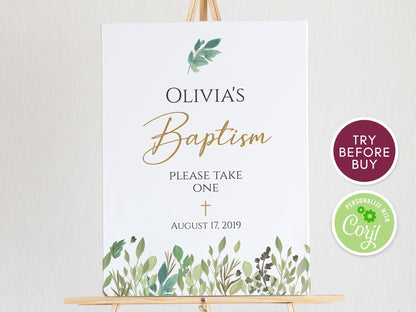 Greenery Baptism Welcome Sign | Editable Christening Sign Template | Printable Boy or Girl Baptism Decor | Instant Download