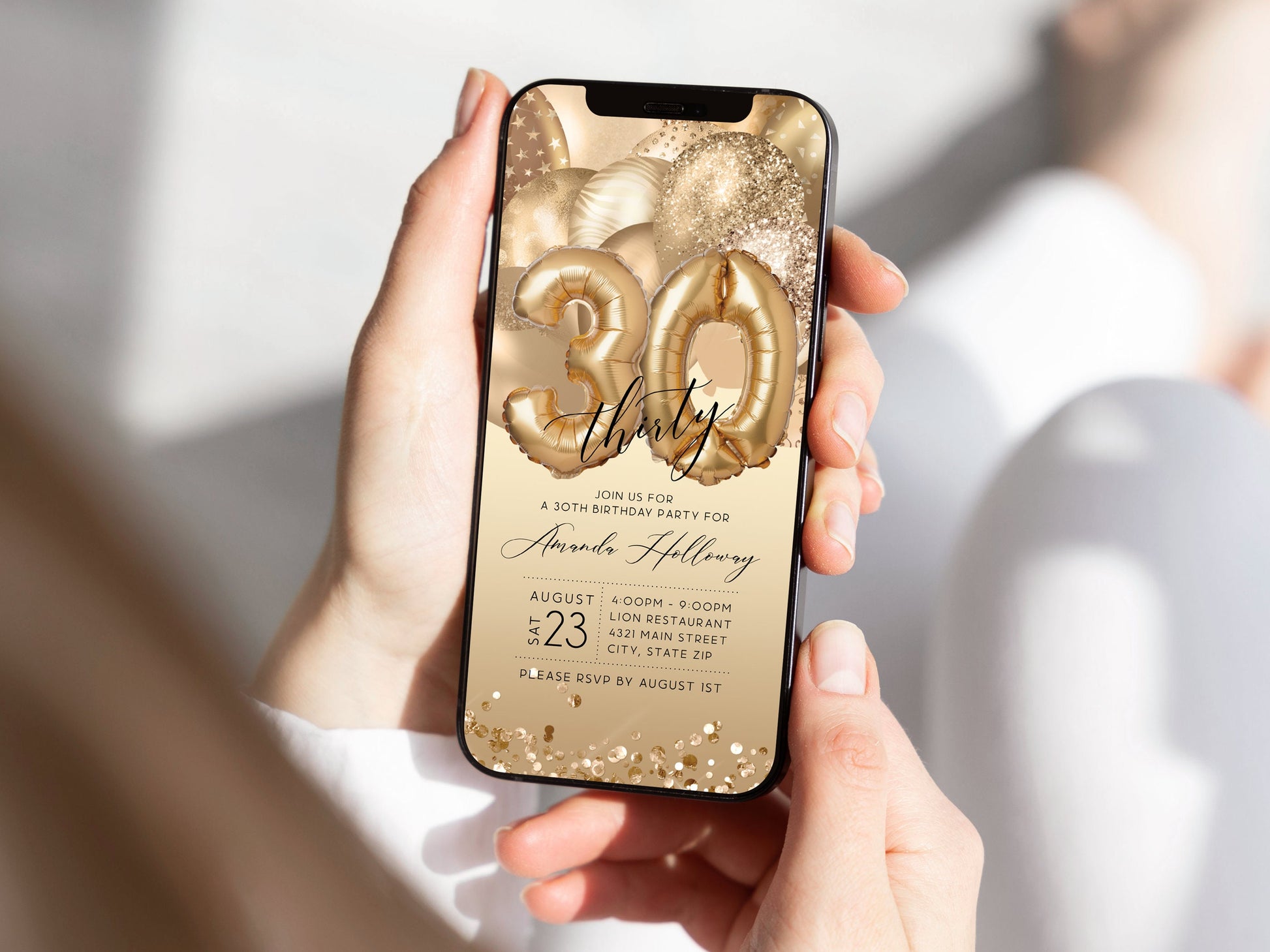 Digital Thirty 30th Birthday Electronic Invite, Editable Invite, Gold Balloons, Text Message Evite, Custom Mobile Invitation, DIY Template