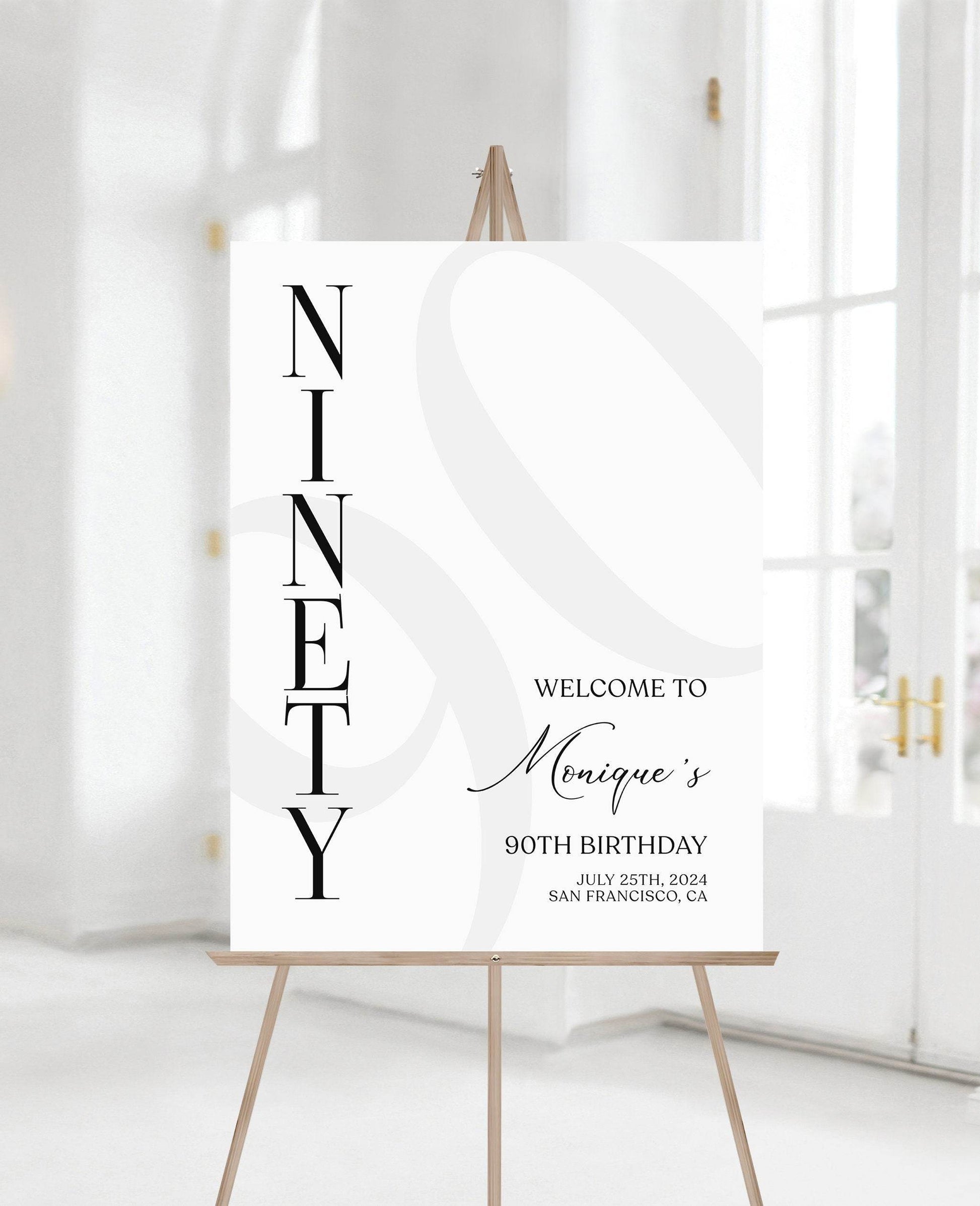 90th Birthday Welcome Sign Template, Minimal Editable Printable Poster, Simple Ninety Birthday Party Décor, Instant Download