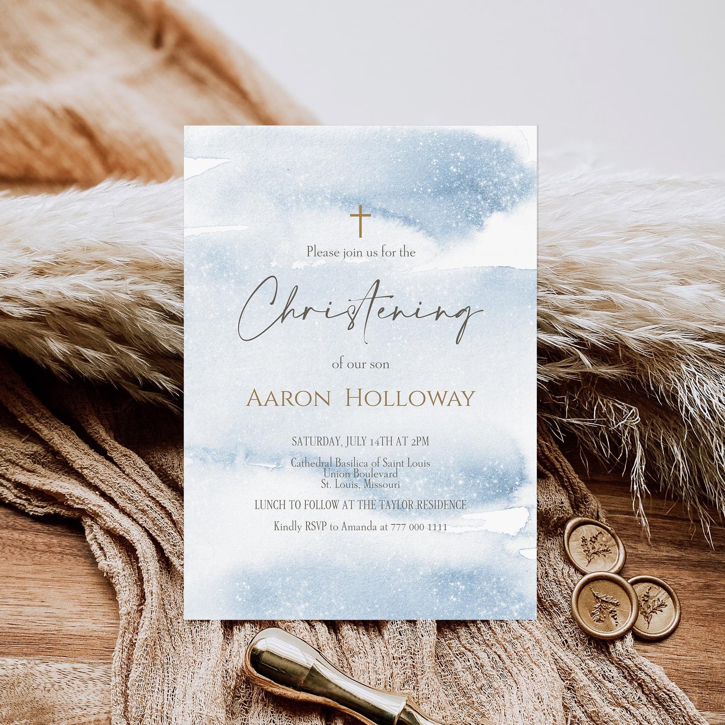 Printable Christening Boy Invitation, Blue Boy Christening Invite Template, Blue Gold Watercolor, Editable Baptism, Modern Digital Template