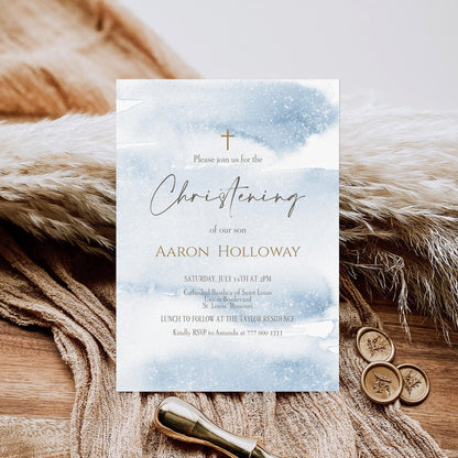 Printable Christening Boy Invitation, Blue Boy Christening Invite Template, Blue Gold Watercolor, Editable Baptism, Modern Digital Template