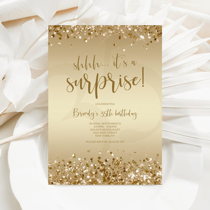 Gold Surprise Party Invitation Template - Editable Birthday Invite