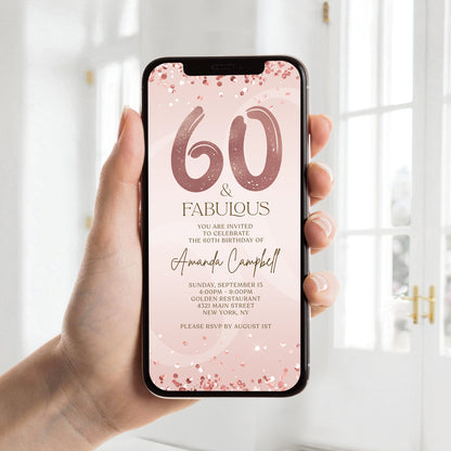 Digital Sixty and Fabulous Dinner Party Invite, 60th Birthday Invitation, Editable Rose Gold Ladies Evite, Electronic Text Message Evite