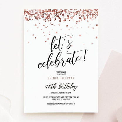Let’s Celebrate Party Invitation – Rose Gold Confetti Printable – Editable Birthday Invite Template for Women 30th 40th 50th 60th – Digital File