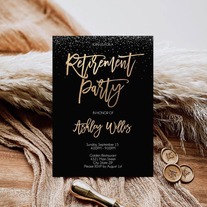 Retirement Party Invitation Template Printable, Editable Black Gold Invite, Elegant Gold Foil Card, Digital Download, Instant Evite