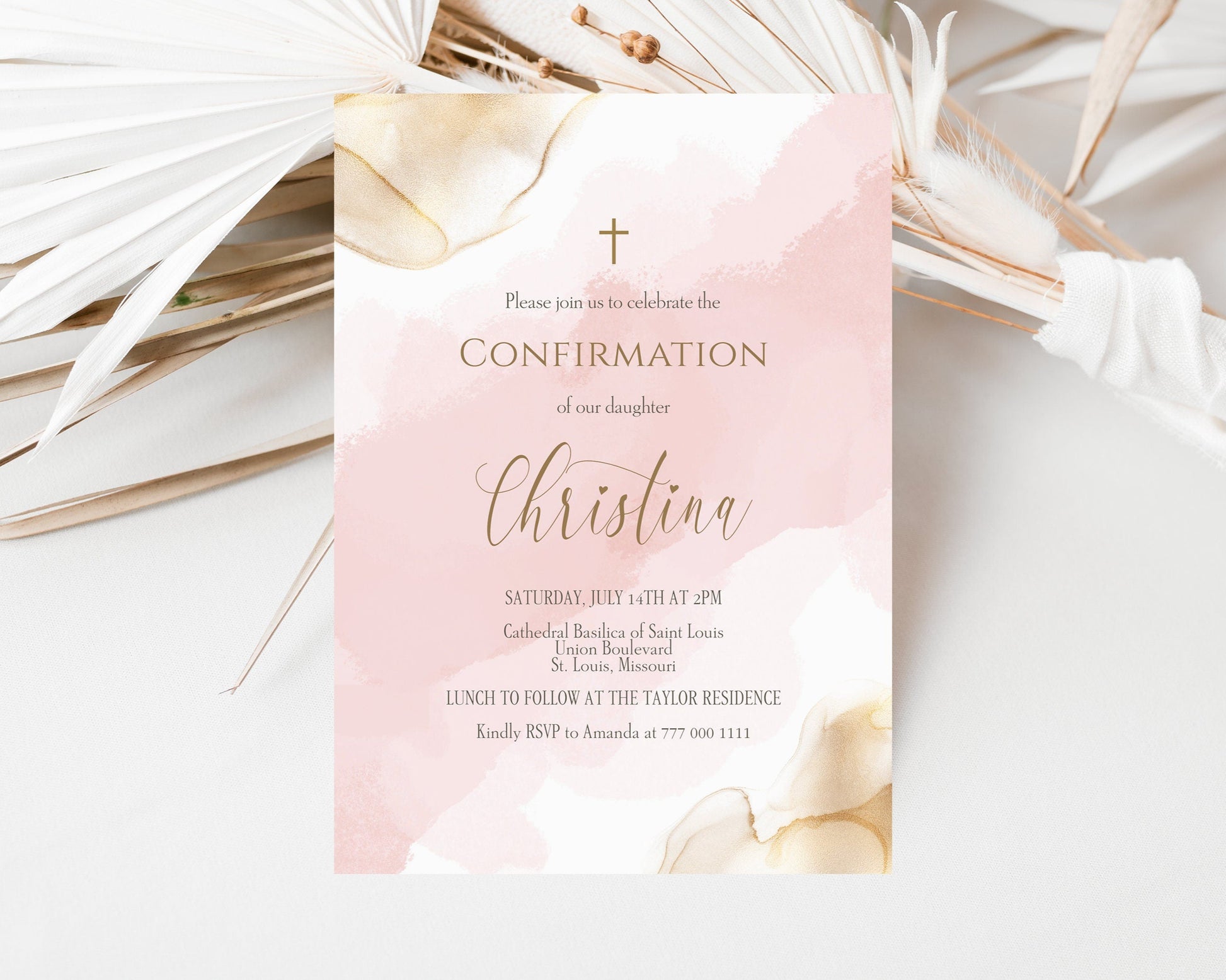 Editable Girl Confirmation Invitation Template, Printable Pink Gold Watercolor Girl Confirmation Invite, Email Text Message Evite, Digital