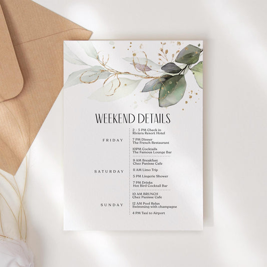 Editable Greenery Wedding Itinerary Card Template, Eucalyptus Wedding Weekend Details Template, Digital Timeline Schedule Weekend Events