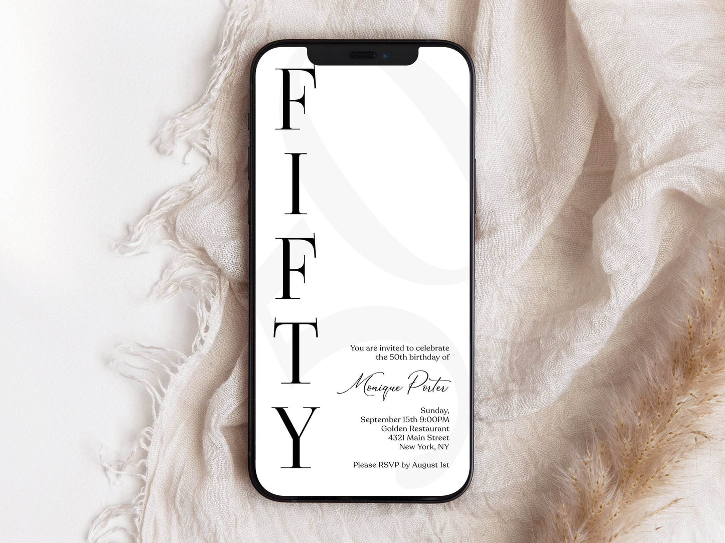 Digital Simple 50th Fifty Birthday Invitation Template, Electronic Minimalist Birthday Invite, Modern Any Age Invite, Text Message Evite