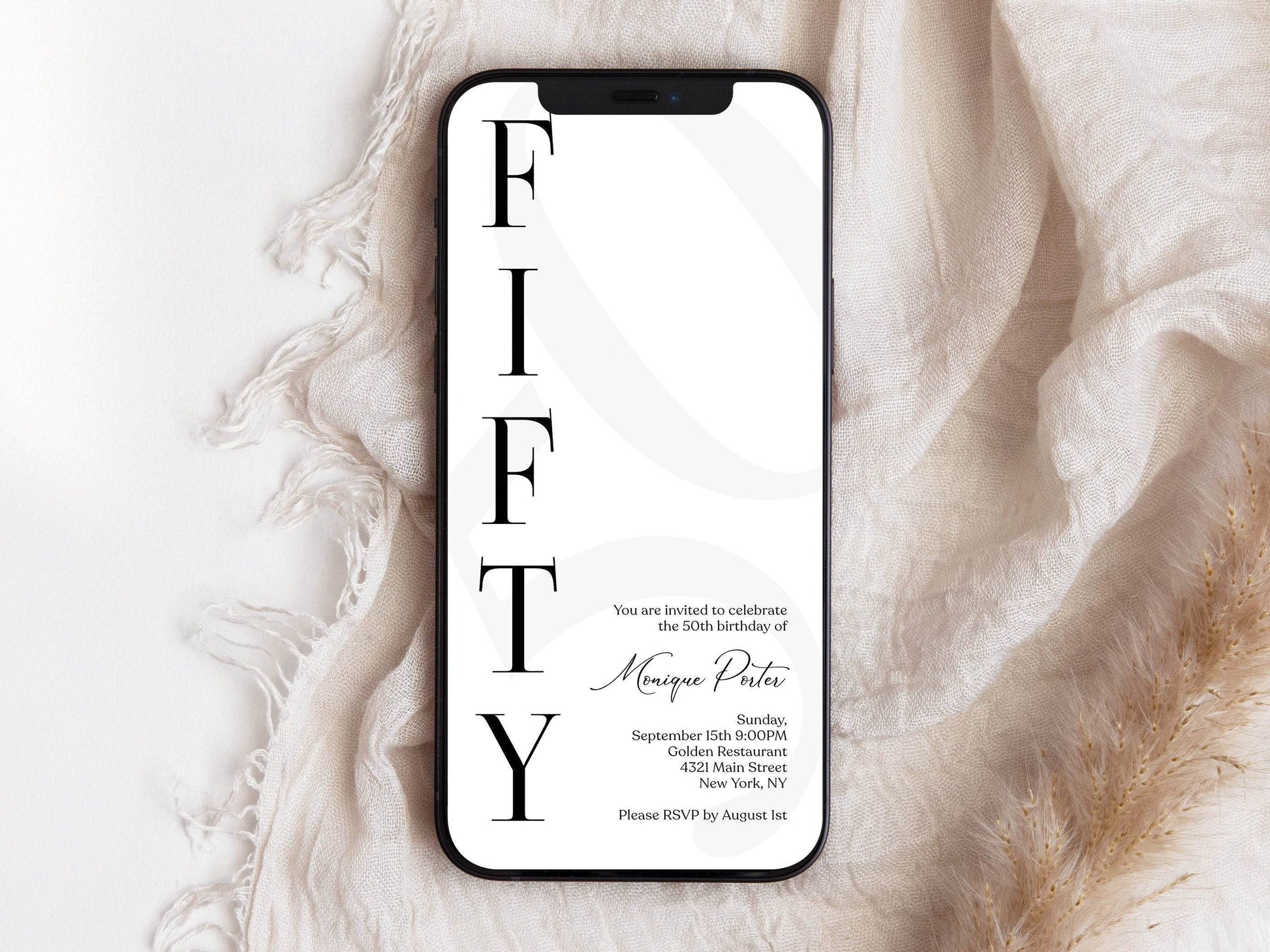 Digital Simple 50th Fifty Birthday Invitation Template, Electronic Minimalist Birthday Invite, Modern Any Age Invite, Text Message Evite