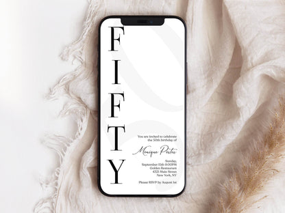 Digital Simple 50th Fifty Birthday Invitation Template, Electronic Minimalist Birthday Invite, Modern Any Age Invite, Text Message Evite