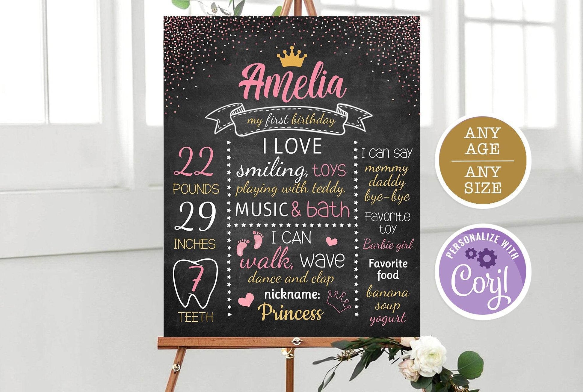 Confetti First Birthday Princess Girl Chalkboard Sign Gold Glitter Pink - 1st bday Board printable Poster Banner milestone Instant Download