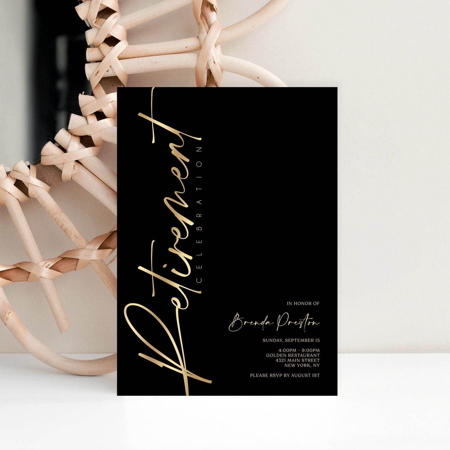 Black Gold Retirement Invitation, Printable Elegant Retirement Party Invite, Editable Retirement Card Template, Digital Instant Download