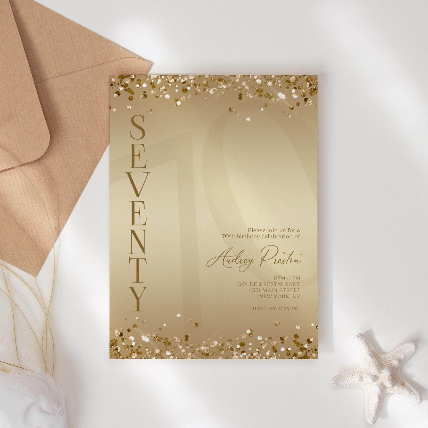 Luxury Gold 70th Birthday Invitation Template – Editable Surprise Party Evite – Printable Gold Confetti Card – Digital Seventy Invite