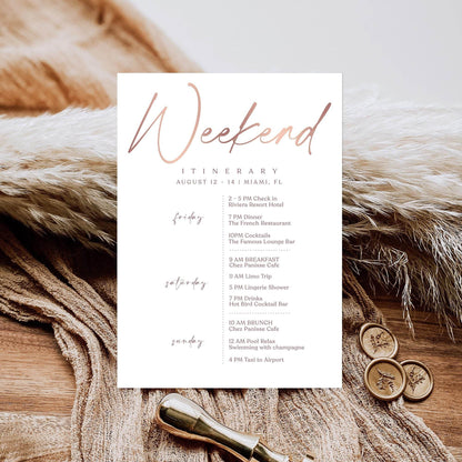 Printable Rose Gold Weekend Itinerary Template – Editable Birthday, Anniversary, or Hen Party Schedule | Elegant Event Planner | Instant Download