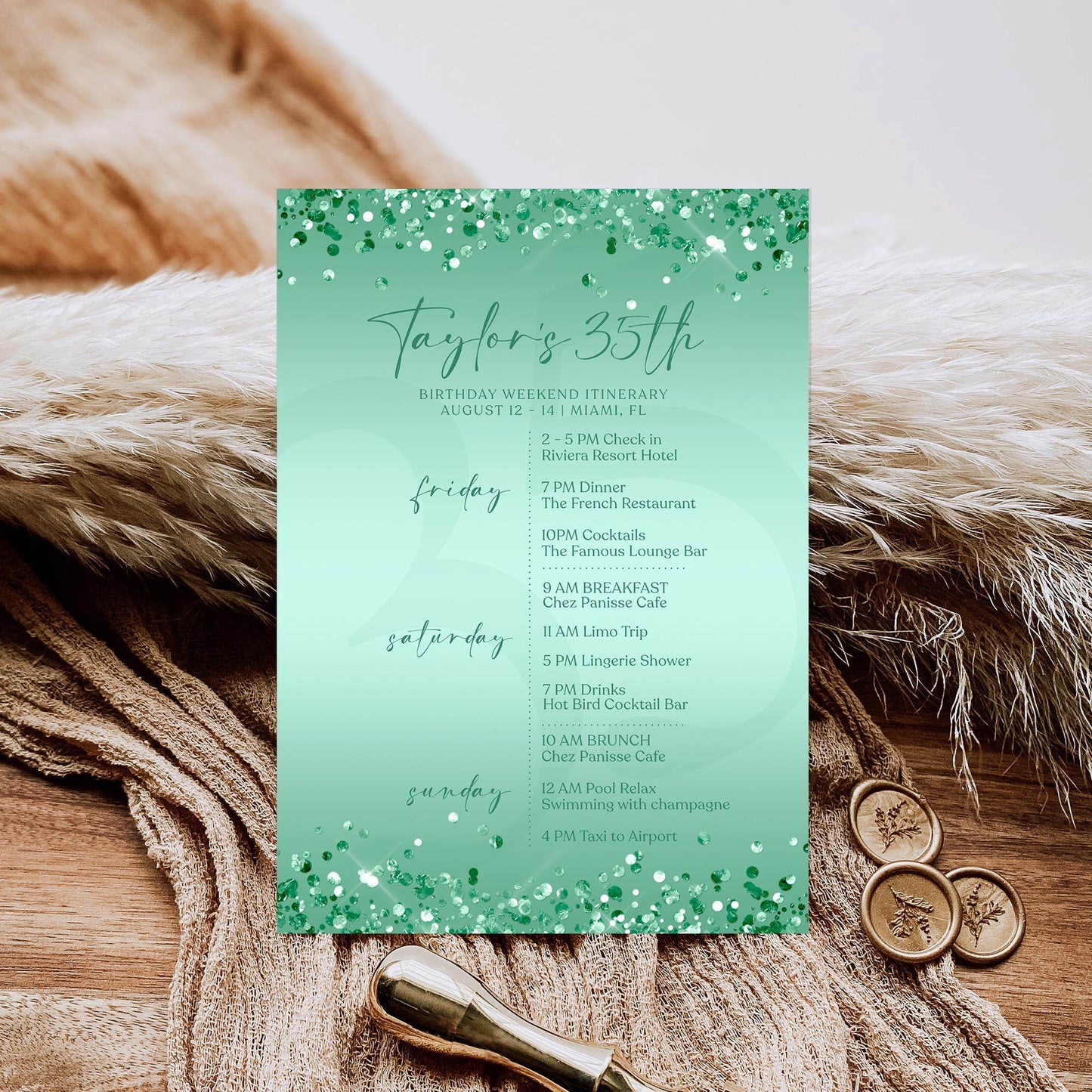 Editable Green Mint Birthday Itinerary Template, Printable Woman Itinerary, Ladies Weekend Itinerary, Party Schedule, Email Text Message