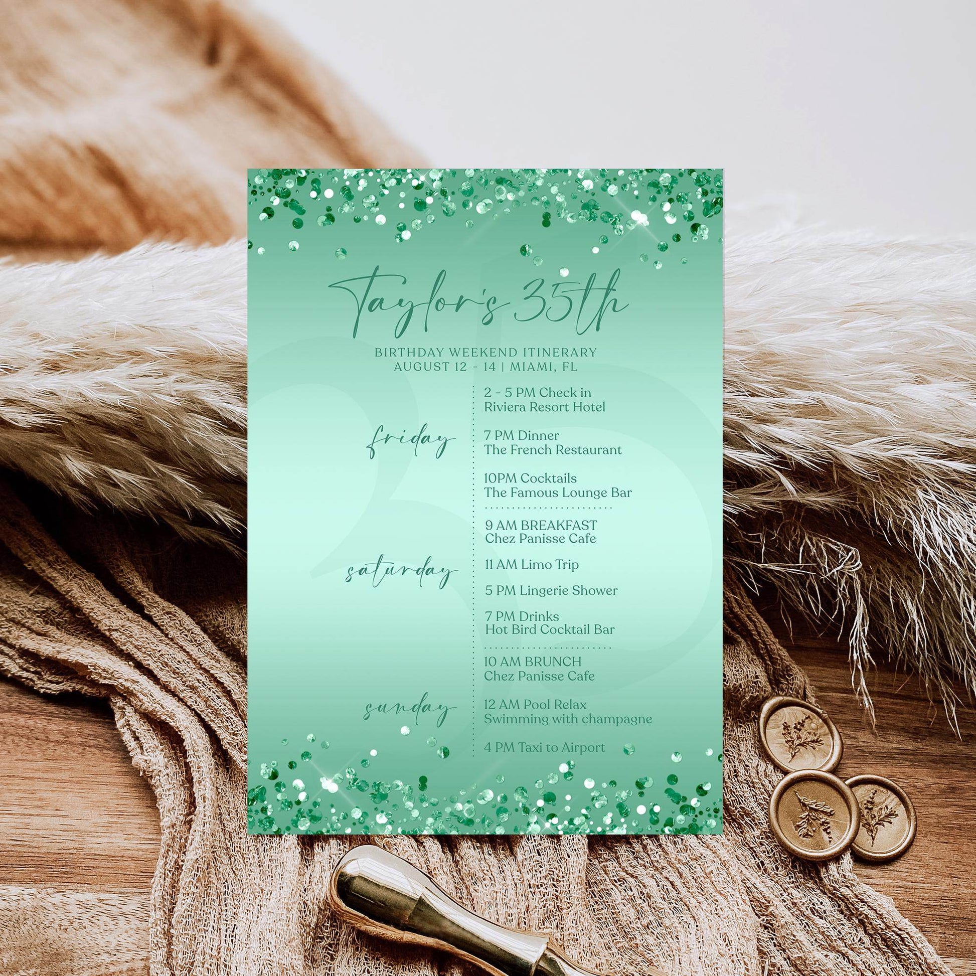 Editable Green Mint Birthday Itinerary Template, Printable Woman Itinerary, Ladies Weekend Itinerary, Party Schedule, Email Text Message