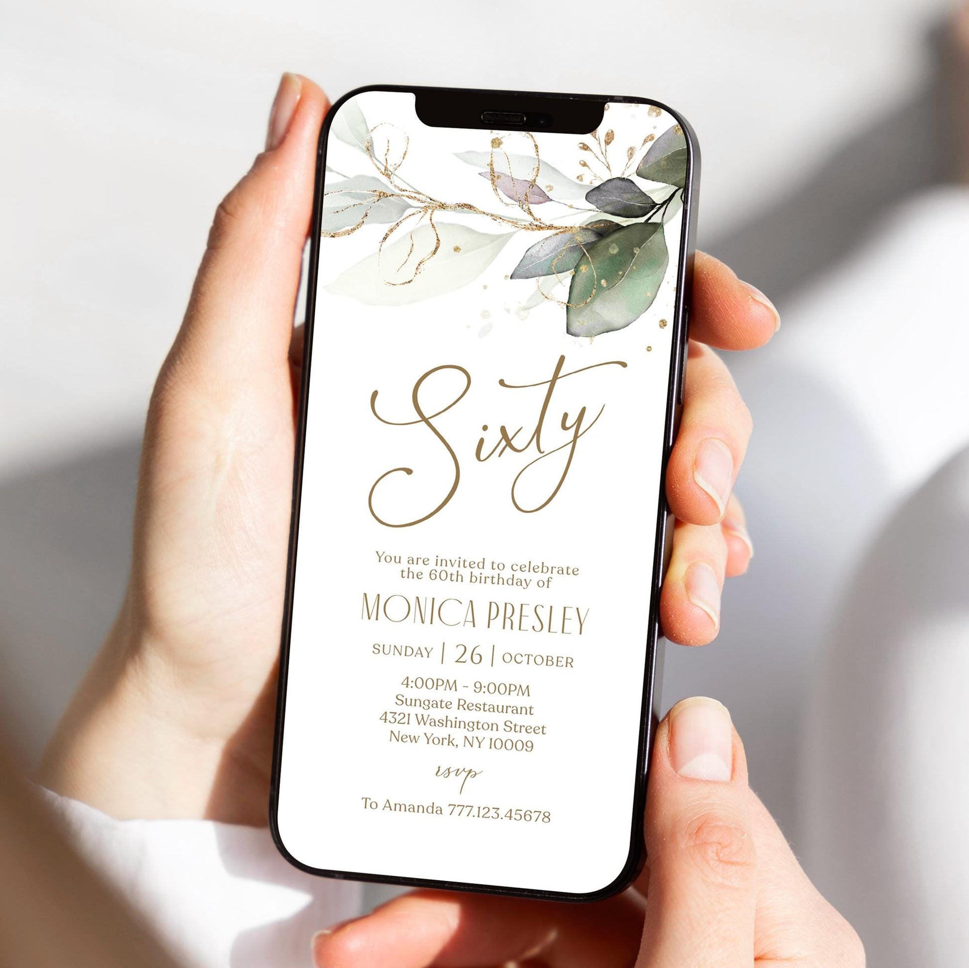 Electronic Sixty 60th birthday Invitation Template, Digital Greenery Eucalyptus Birthday Invite, Editable Template, Phone Text Message Evite