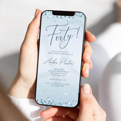 Electronic Blue Silver 40th Birthday Invitation Template – Editable Mobile Phone Evite | Digital Text Message Invite | Instant Download