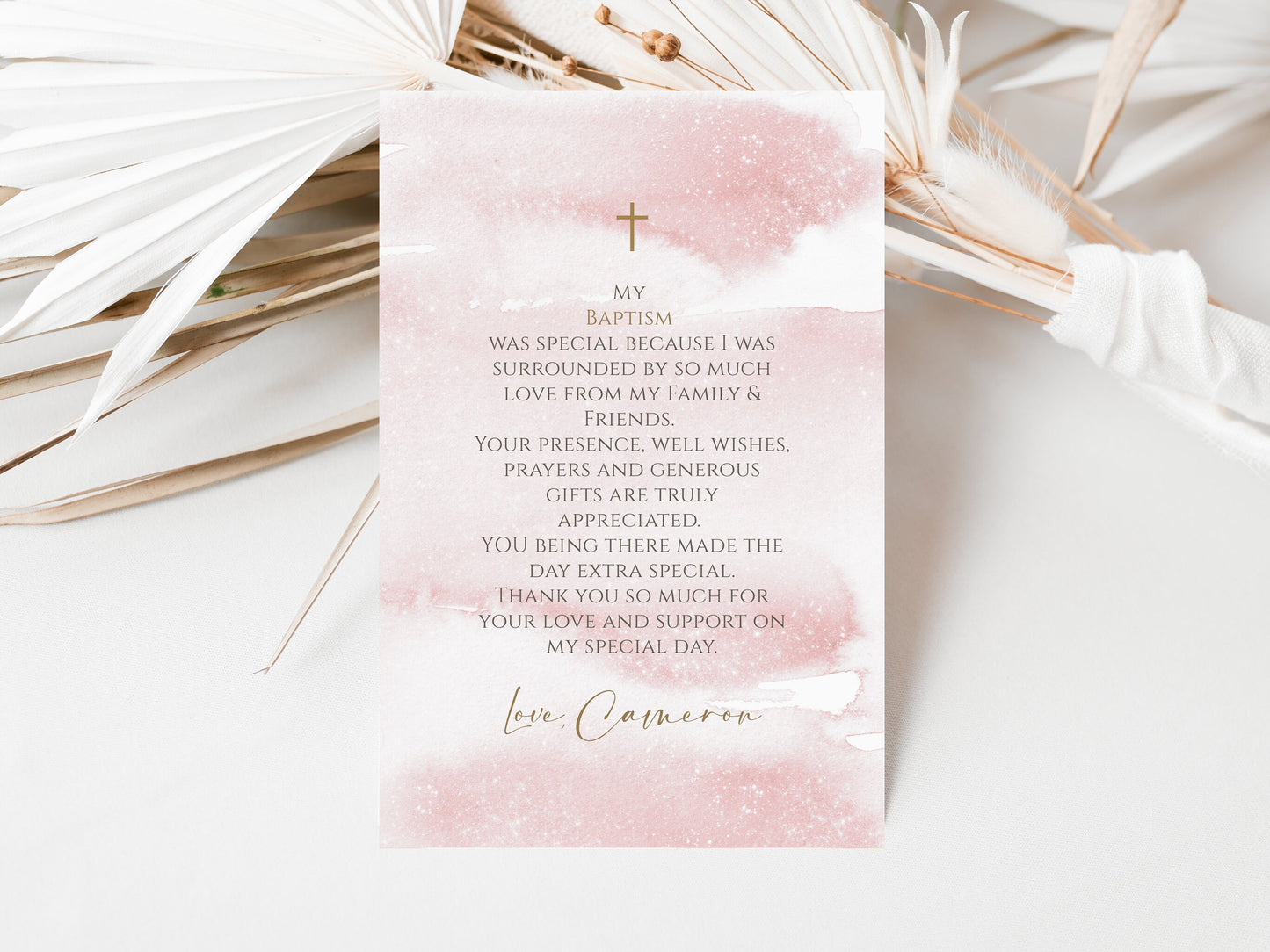 Printable Girl Baptism Thank You Card Template | Pink Watercolor Design | 4x6 inch Editable Digital Download