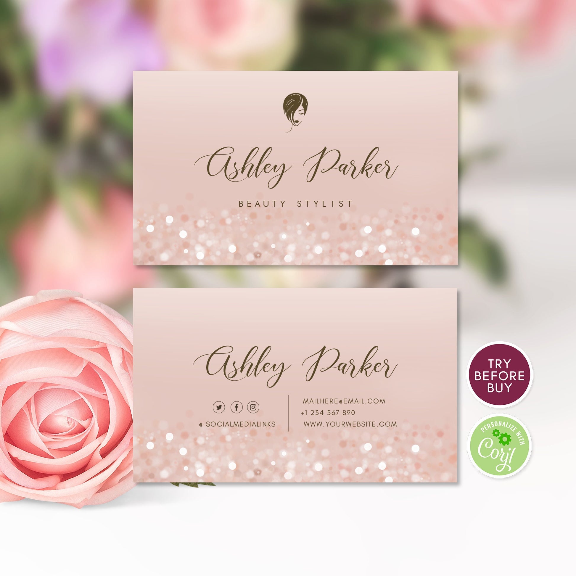 Rose Gold Business Card, Beauty Salon Business Cards with Logo, Printable Business Card Design, Editable Business Card, Instant Download