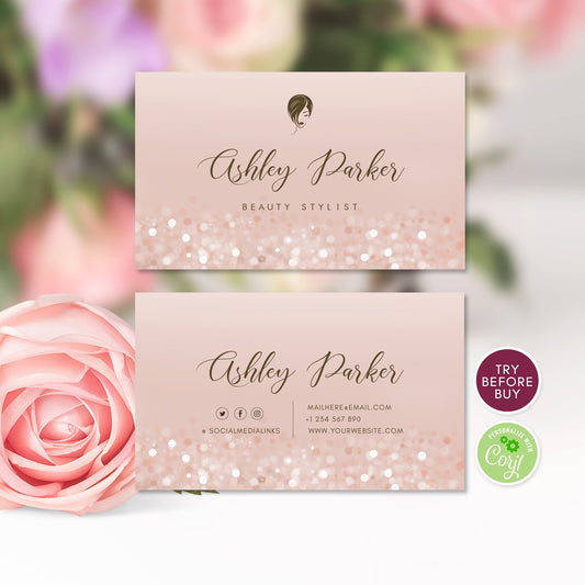 Rose Gold Business Card, Beauty Salon Business Cards with Logo, Printable Business Card Design, Editable Business Card, Instant Download