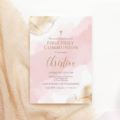 Girl First Communion Invitation Template, Printable Pink Gold Watercolor First Holy Communion Invite, Editable Card, Digital Text Evite Download