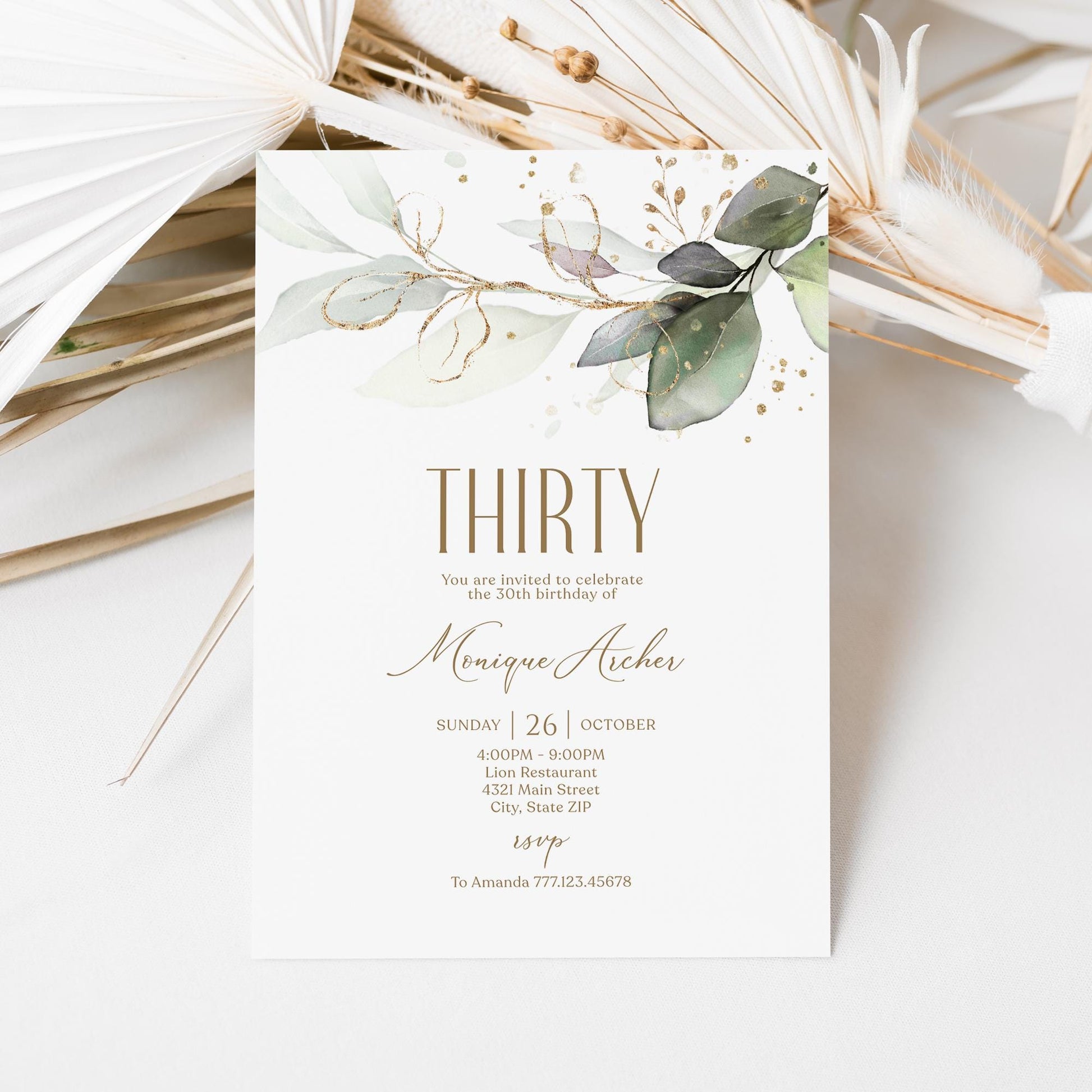 Editable Thirty 30th birthday Invitation Card Template, Printable Greenery Gold Leaves Birthday Invite, Digital Template, Email Text Message