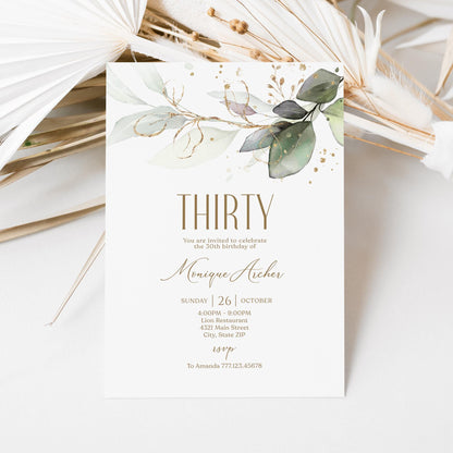 Editable Thirty 30th birthday Invitation Card Template, Printable Greenery Gold Leaves Birthday Invite, Digital Template, Email Text Message
