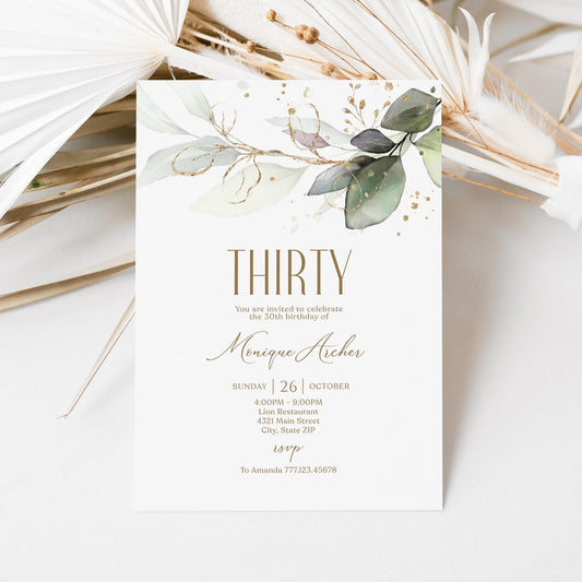 Editable Thirty 30th birthday Invitation Card Template, Printable Greenery Gold Leaves Birthday Invite, Digital Template, Email Text Message