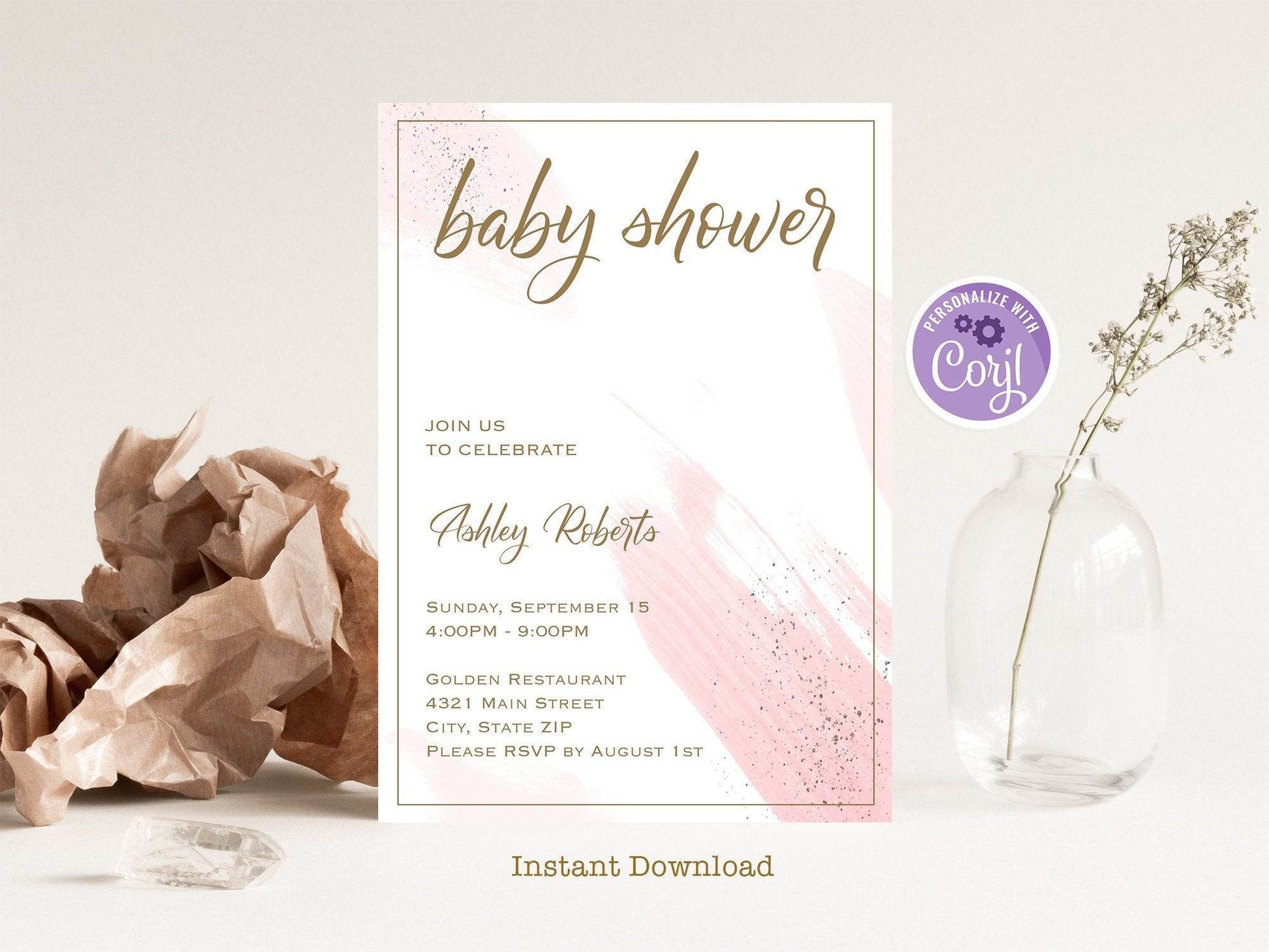 Pink Watercolor Baby Shower Invitation, Oh Baby Invite Template, Minimalist Baby Shower Invitation, Girl Baby Shower Invite INSTANT DOWNLOAD