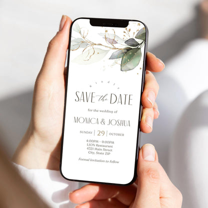 Digital Kindly Save the Date Editable Invitation Template, Bohemian Greenery Eucalyptus Invite, Electronic Save the Date Text Message Evite