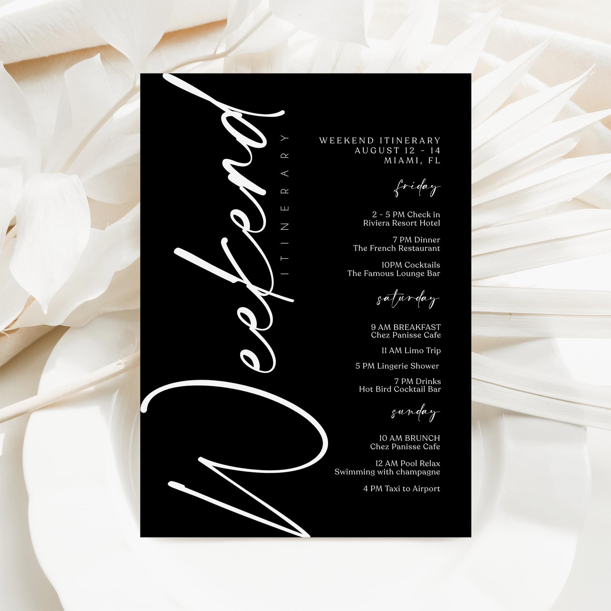 Editable Black Weekend Itinerary Template | MagicalEventCo