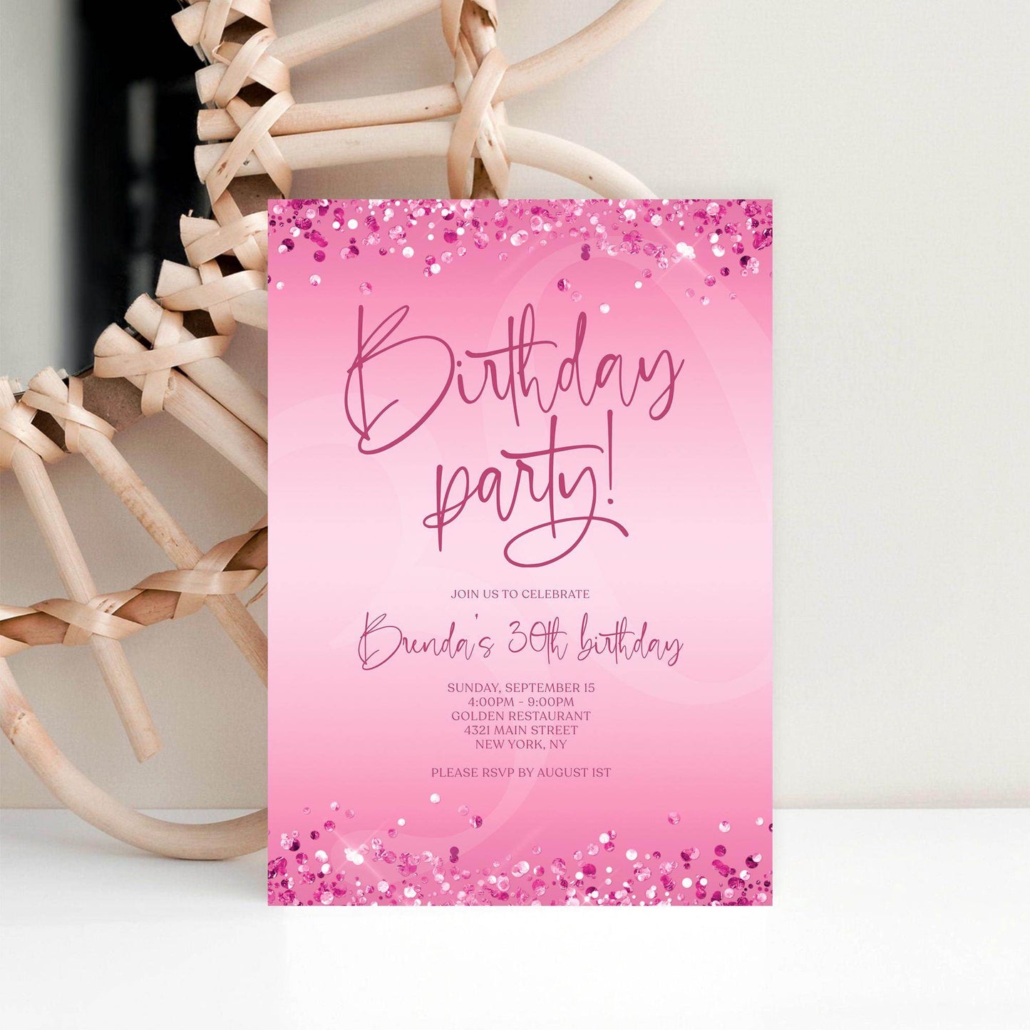 Pink 30th Birthday Invitation Template – Editable Hot Pink Fuchsia Party Invite | Printable Digital Birthday Card | Instant Download