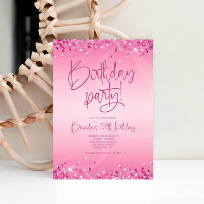 Pink 30th Birthday Invitation Template – Editable Hot Pink Fuchsia Party Invite | Printable Digital Birthday Card | Instant Download