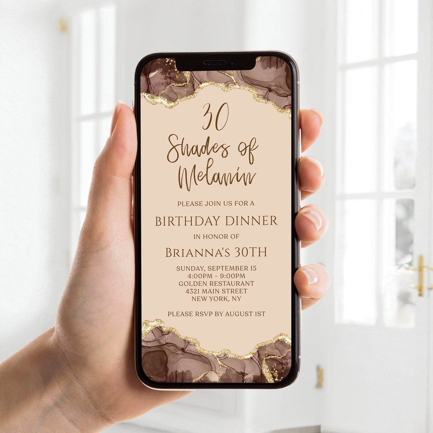 Digital Shades of Melanin Gold Birthday Dinner Invitation Template, Agate Invite, Electronic Shade of Brown Invitation, Text Message Evite