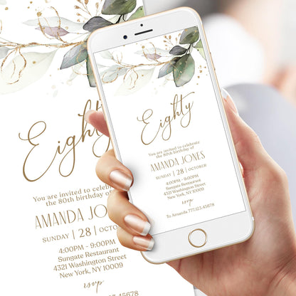 Electronic Eighty 80th birthday Invitation Template, Digital Greenery Eucalyptus Birthday Invite, Editable Invite, Phone Text Message Evite