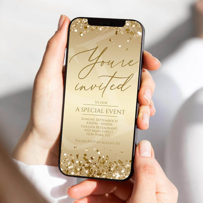 Digital Gold You're Invited Invitation | Business Phone Text Message Invite Template | Editable Electronic Luxury Evite | Special Event Invitation