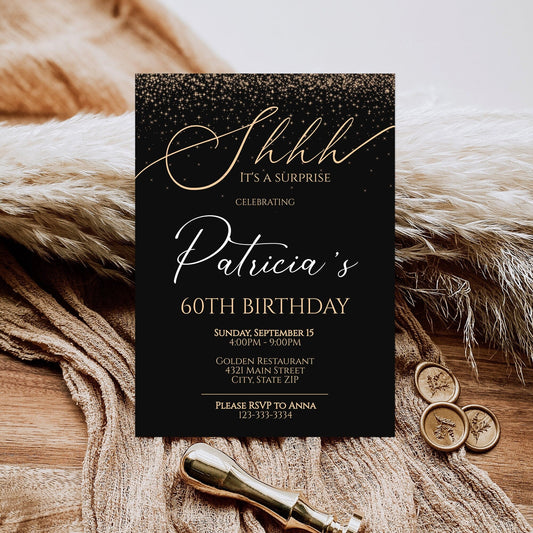60th Birthday Invitation Template - Black and Gold Design